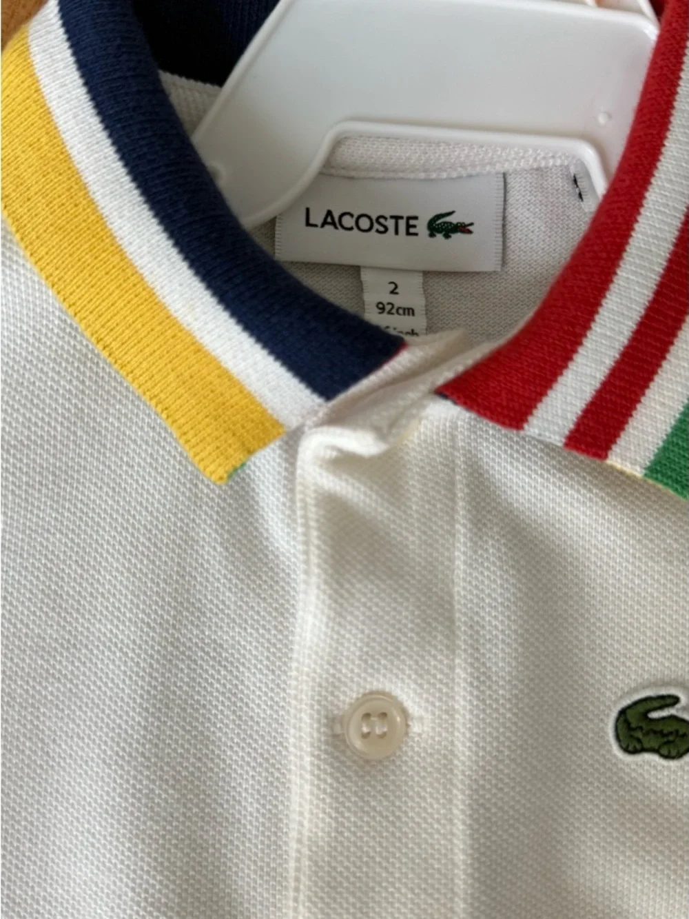 Lacoste White Kids Polo with Multicolor Stripe Collar and Trim - Picture 3 of 4